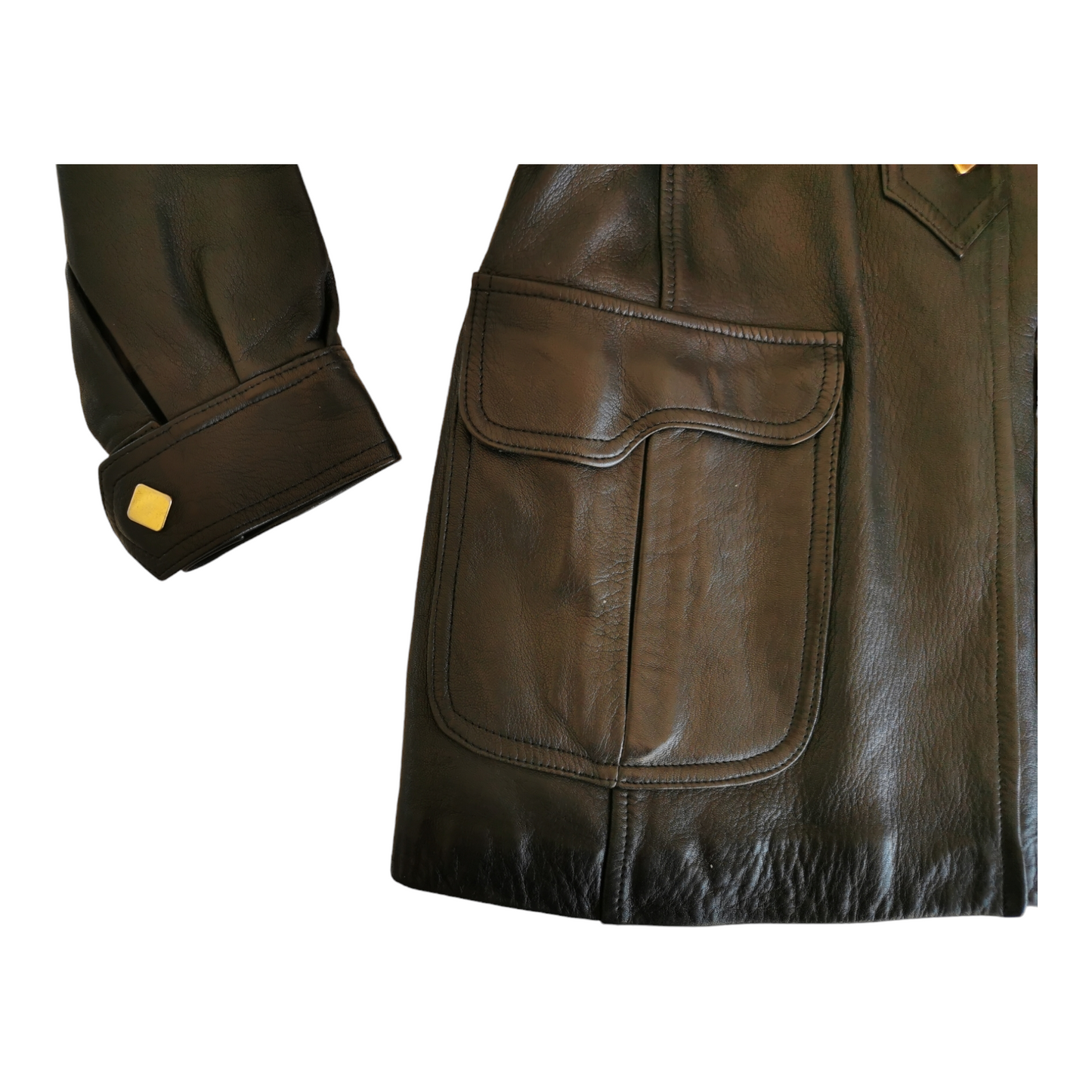1970s Vintage women's black leather coat saddle pockets