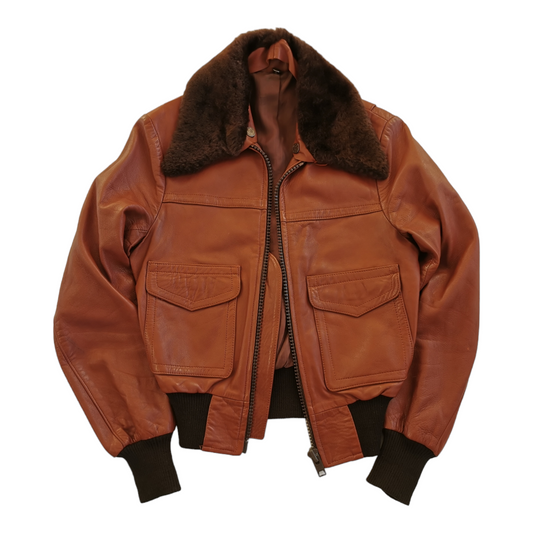 1970s vintage women's brown leather jacket fur collar