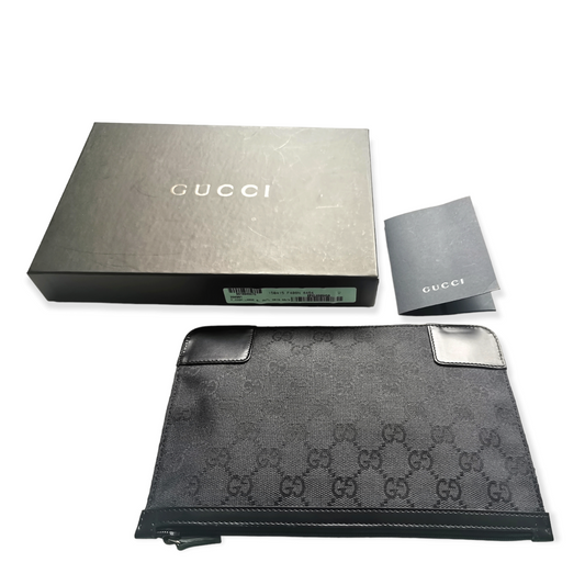 GUCCI large cosmetic pouch GG black canvas leather w/ box