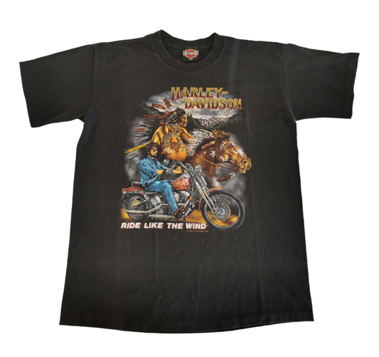 1991 3D emblem Harley Davidson ride like the wind Back print t-shirt